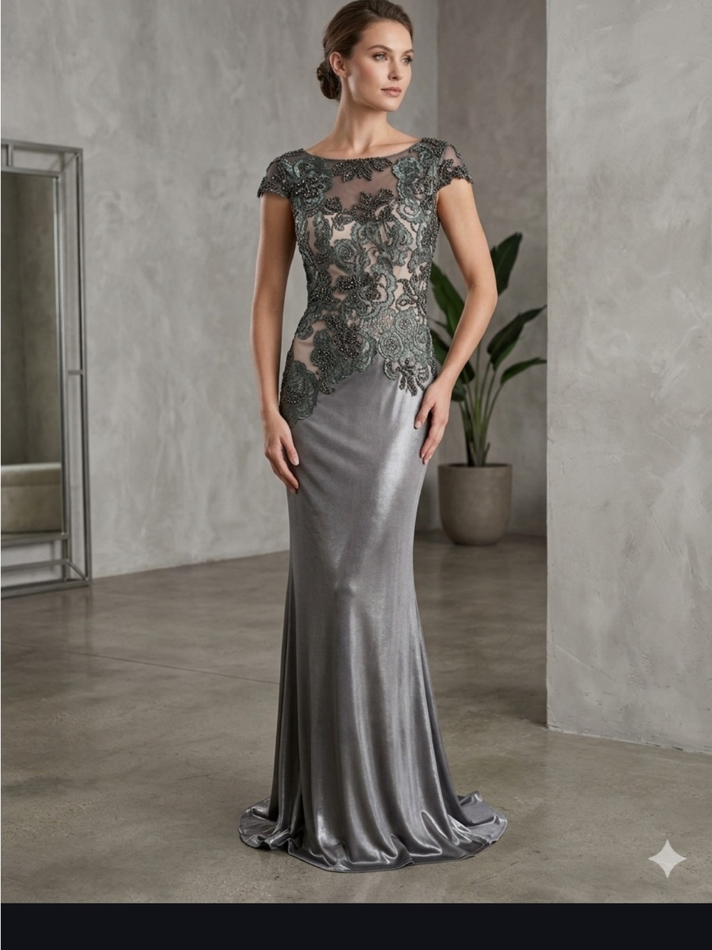 Women's mandalay Grey Beaded Lace Maxi Dress Formal Gown size 6